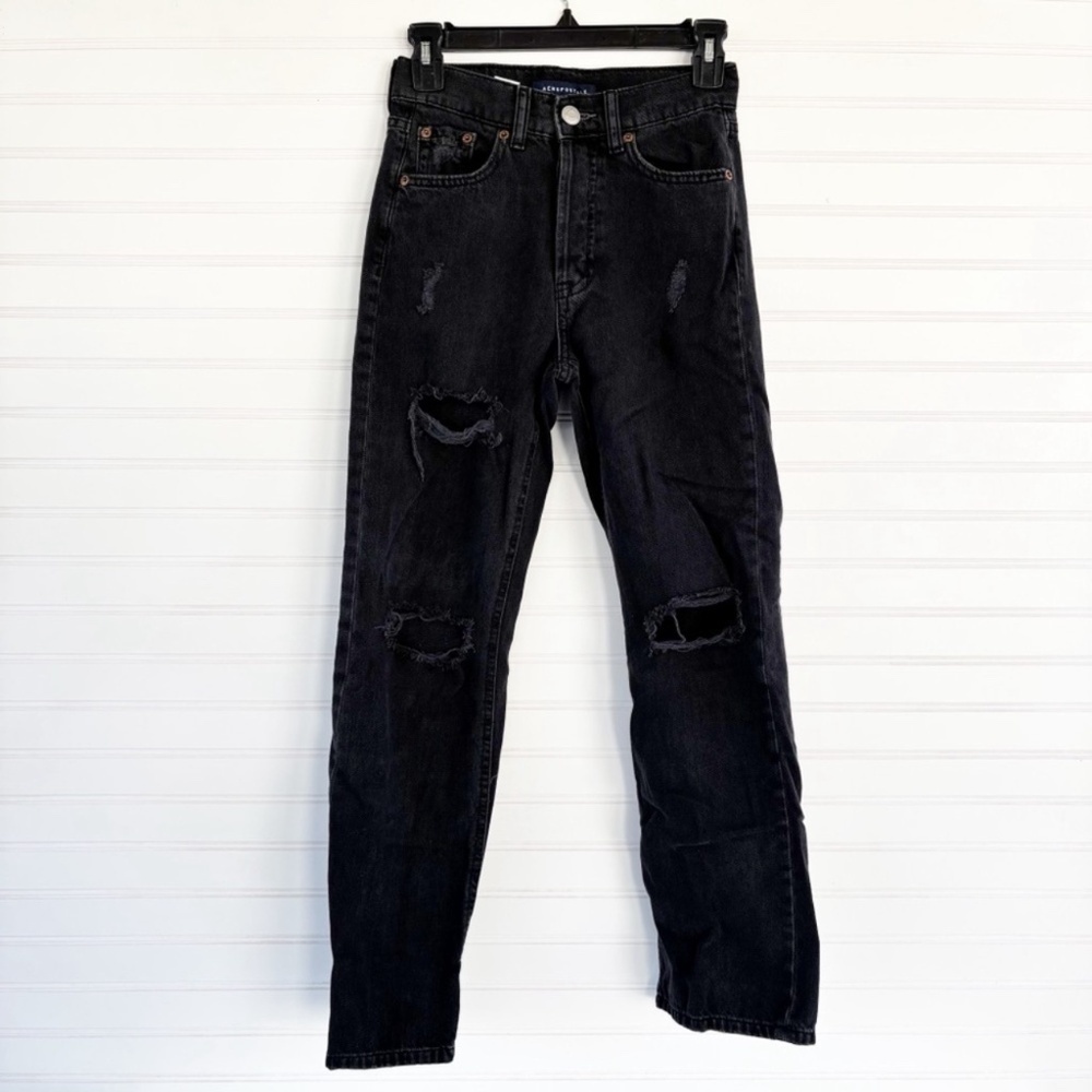Aeropostale 90s Baggy Jeans Size 000 REG Washed Black Distressed Button Fly